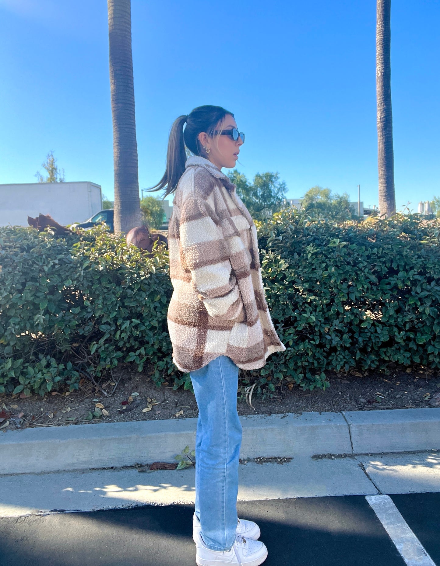 "Cozy vibez" Tan sherpa shacket