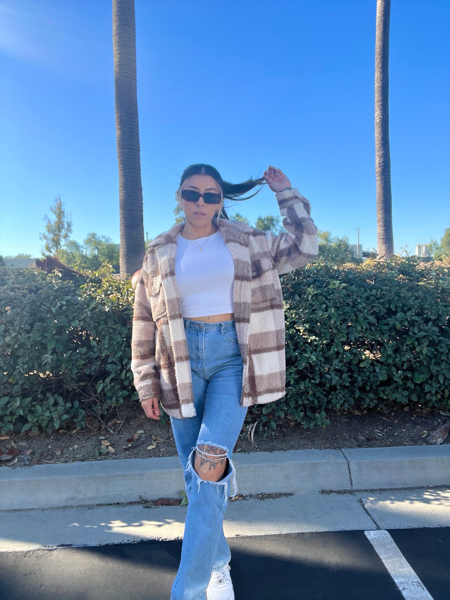 "Cozy vibez" Tan sherpa shacket