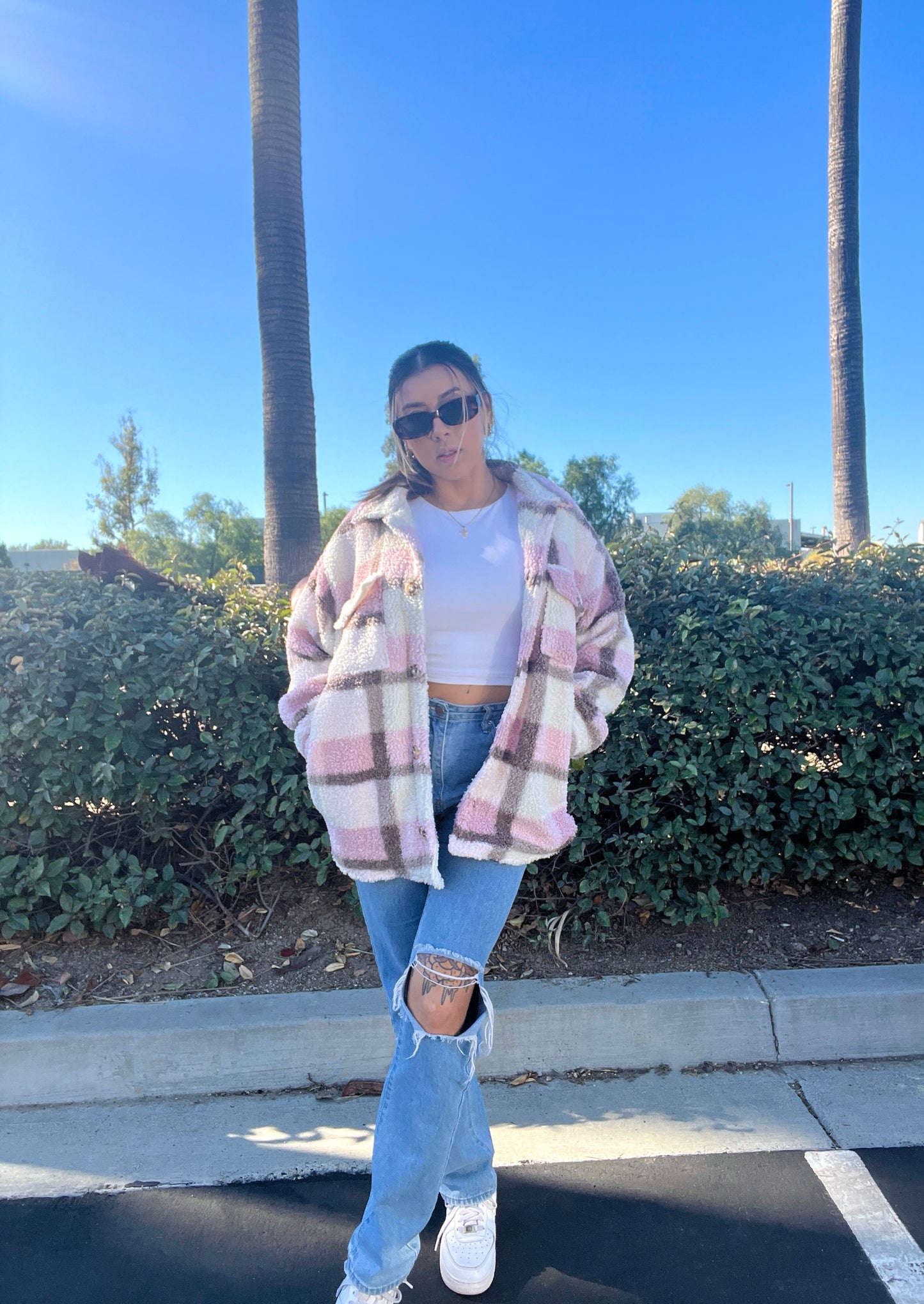 "Cozy vibez" Pink sherpa shacket