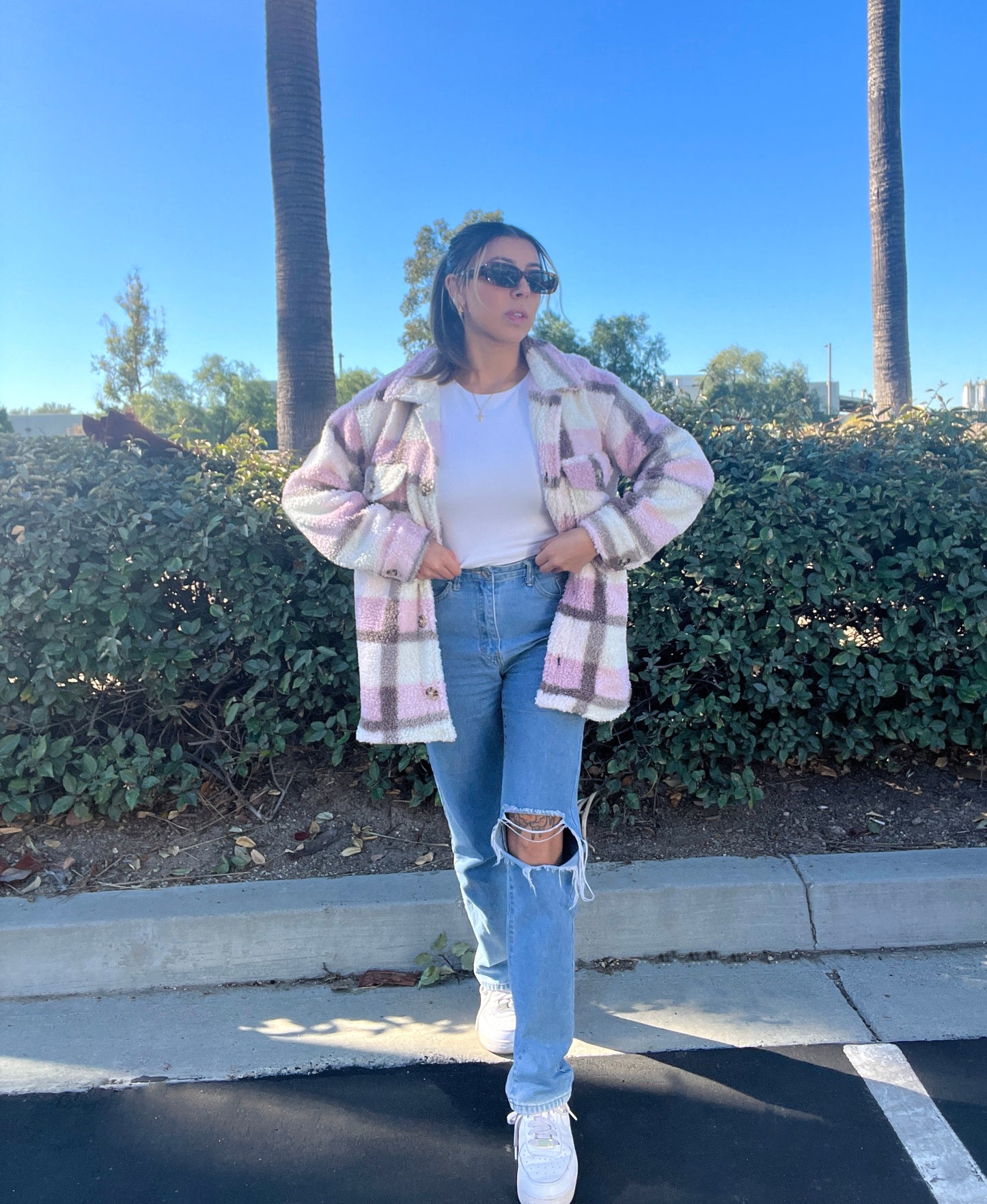 "Cozy vibez" Pink sherpa shacket