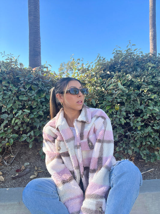 "Cozy vibez" Pink sherpa shacket