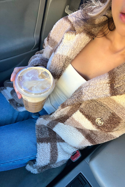 "Cozy vibez" Tan sherpa shacket